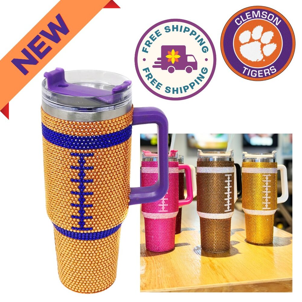 NEW 40oz XXL Rhinestone Bling CLEMSON Tigers Football Travel Tumbler Mug Cup NIB